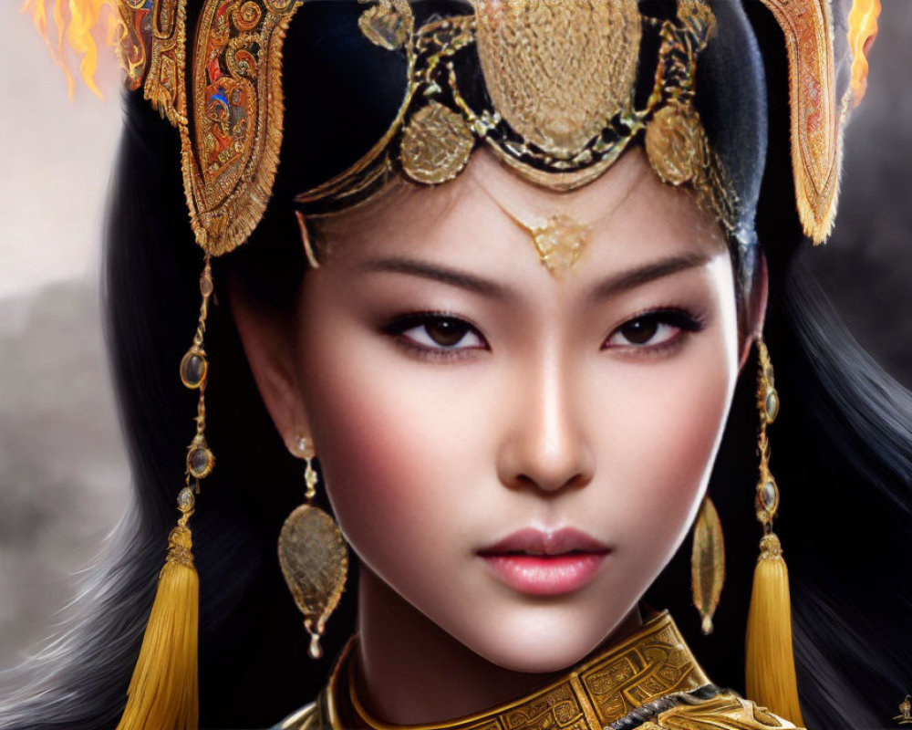 Digital portrait of woman in Asian headdress & ornate costume against blurred background