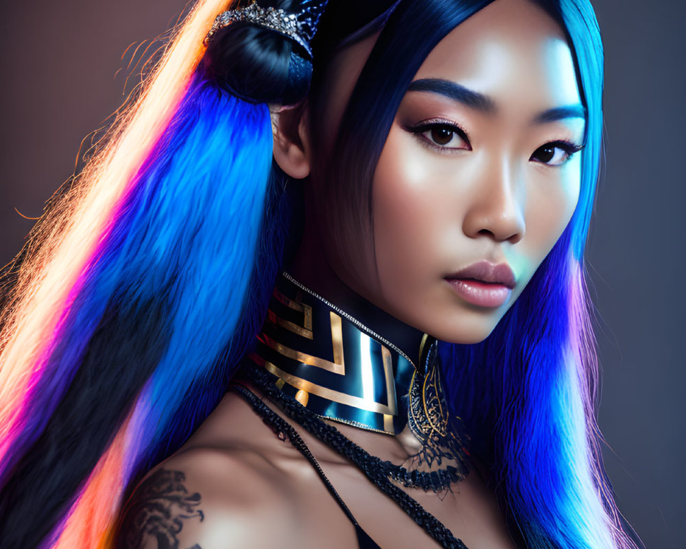 Blue and Purple Haired Woman with Golden Choker and Tattooed Shoulder in Warm Backlight