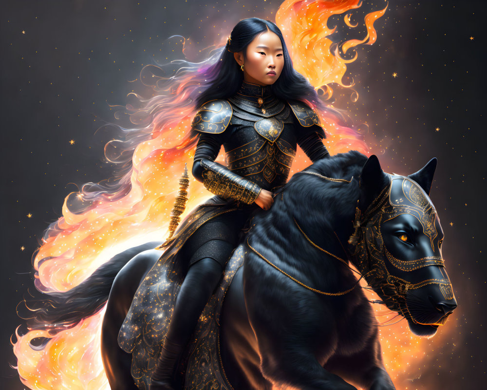 Dark-haired warrior woman on armored mystical wolf under starry sky with fiery mane and tail.
