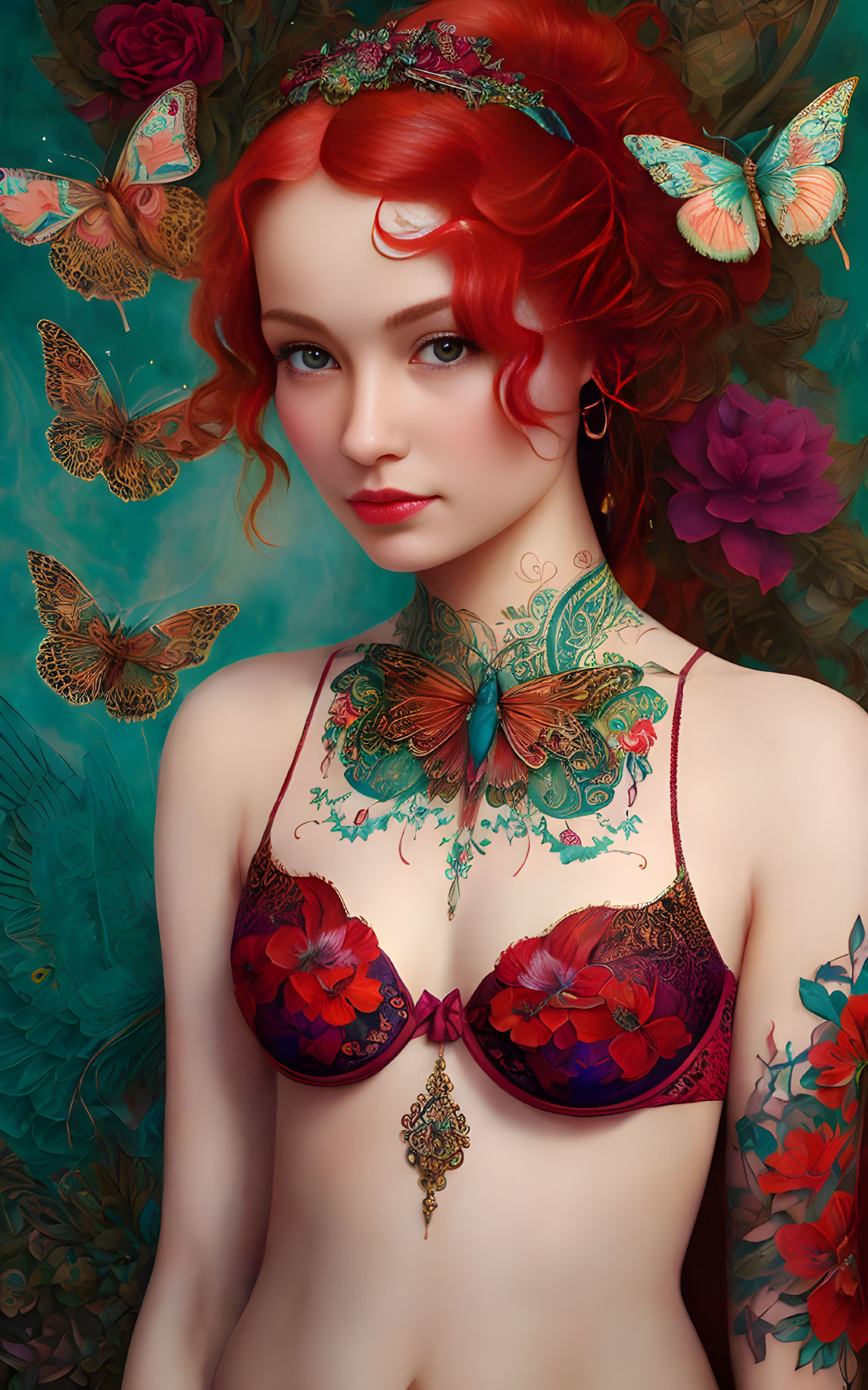 Red-haired woman with tattoos and butterflies on floral background.