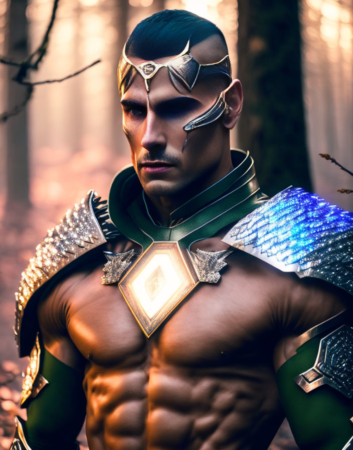 Fantasy armor-clad figure in metallic and iridescent elements in sunlit forest