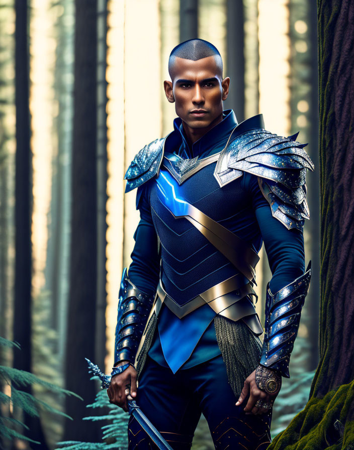 Elaborate fantasy armor character in forest setting