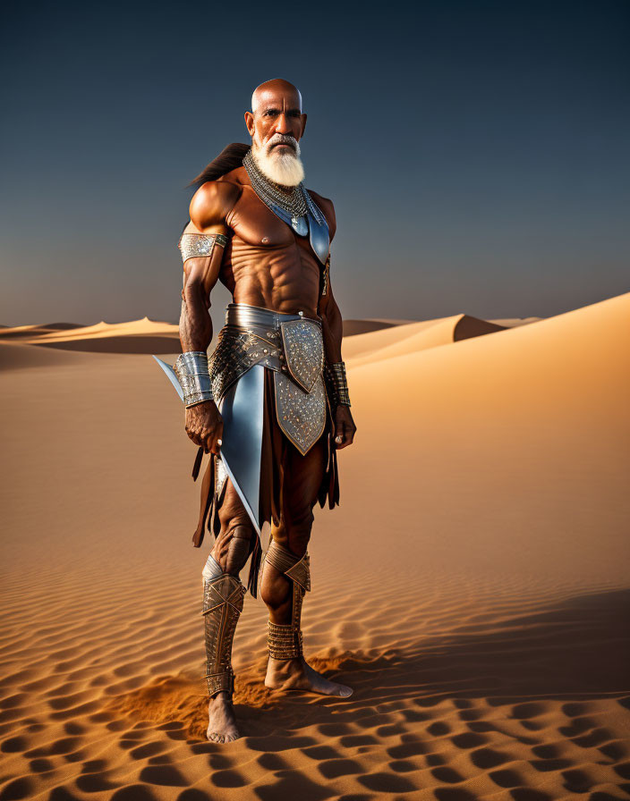 Muscular bearded man in fantasy warrior attire in desert landscape