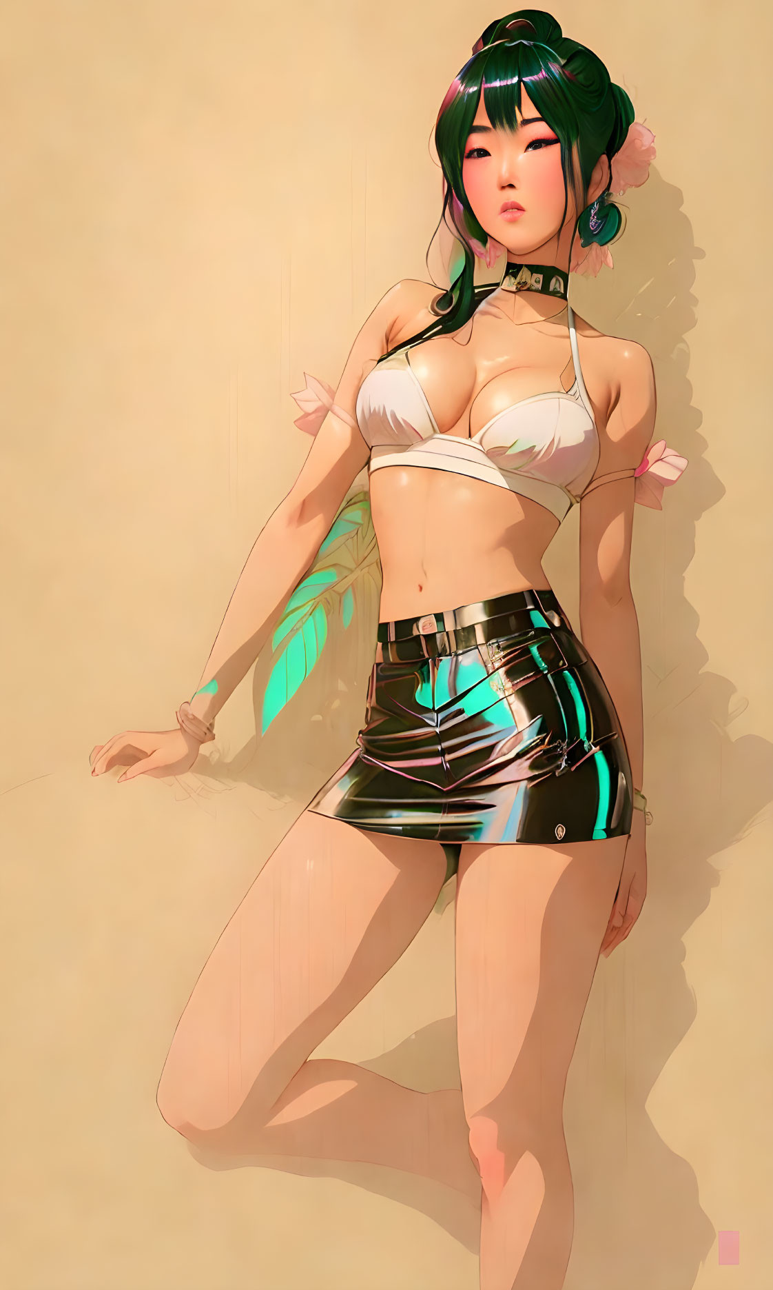 Woman with Green Hair in White Crop Top and Holographic Skirt on Tan Background