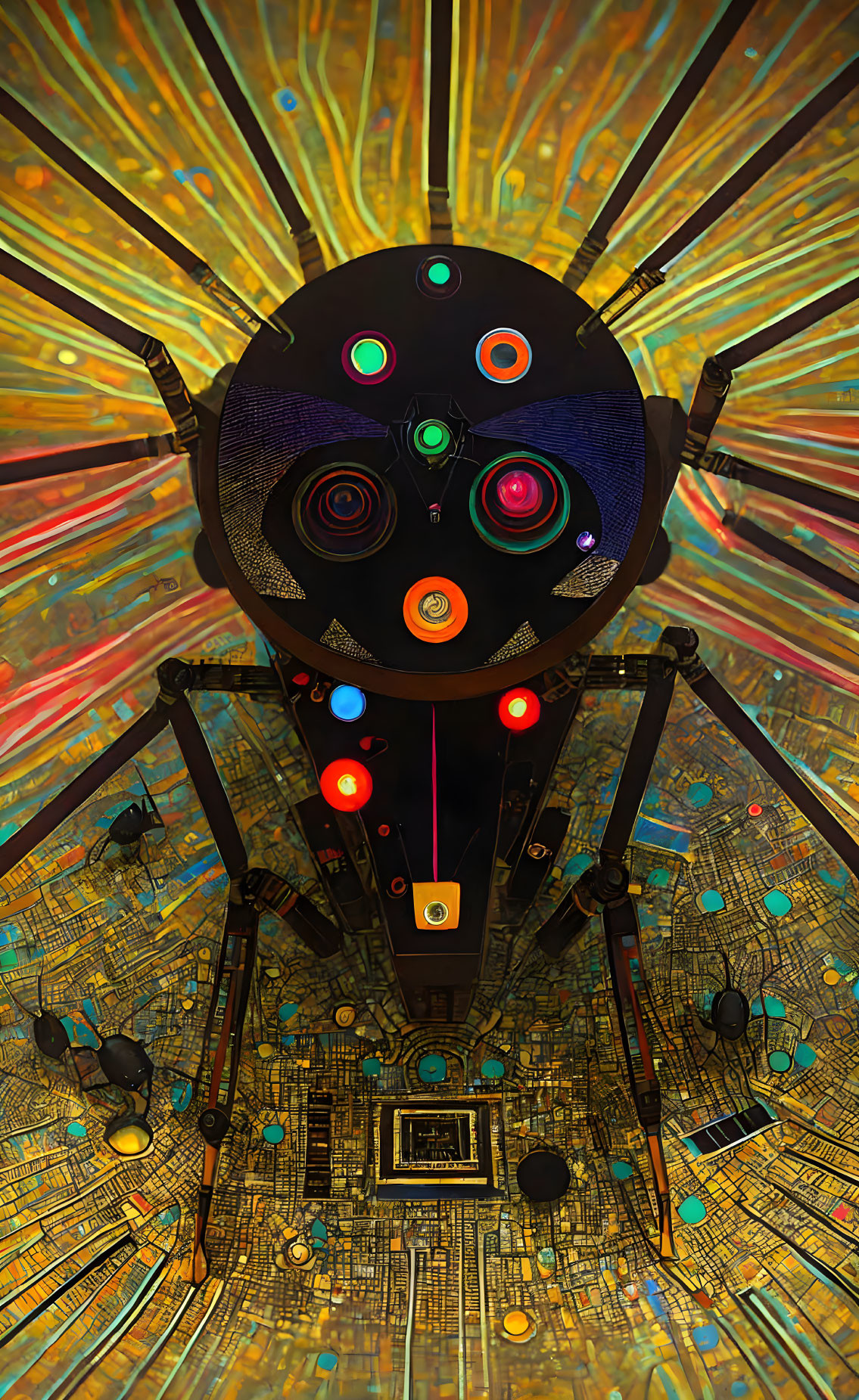 Colorful Abstract Design Pinball Machine with Illuminated Targets and Metallic Accents