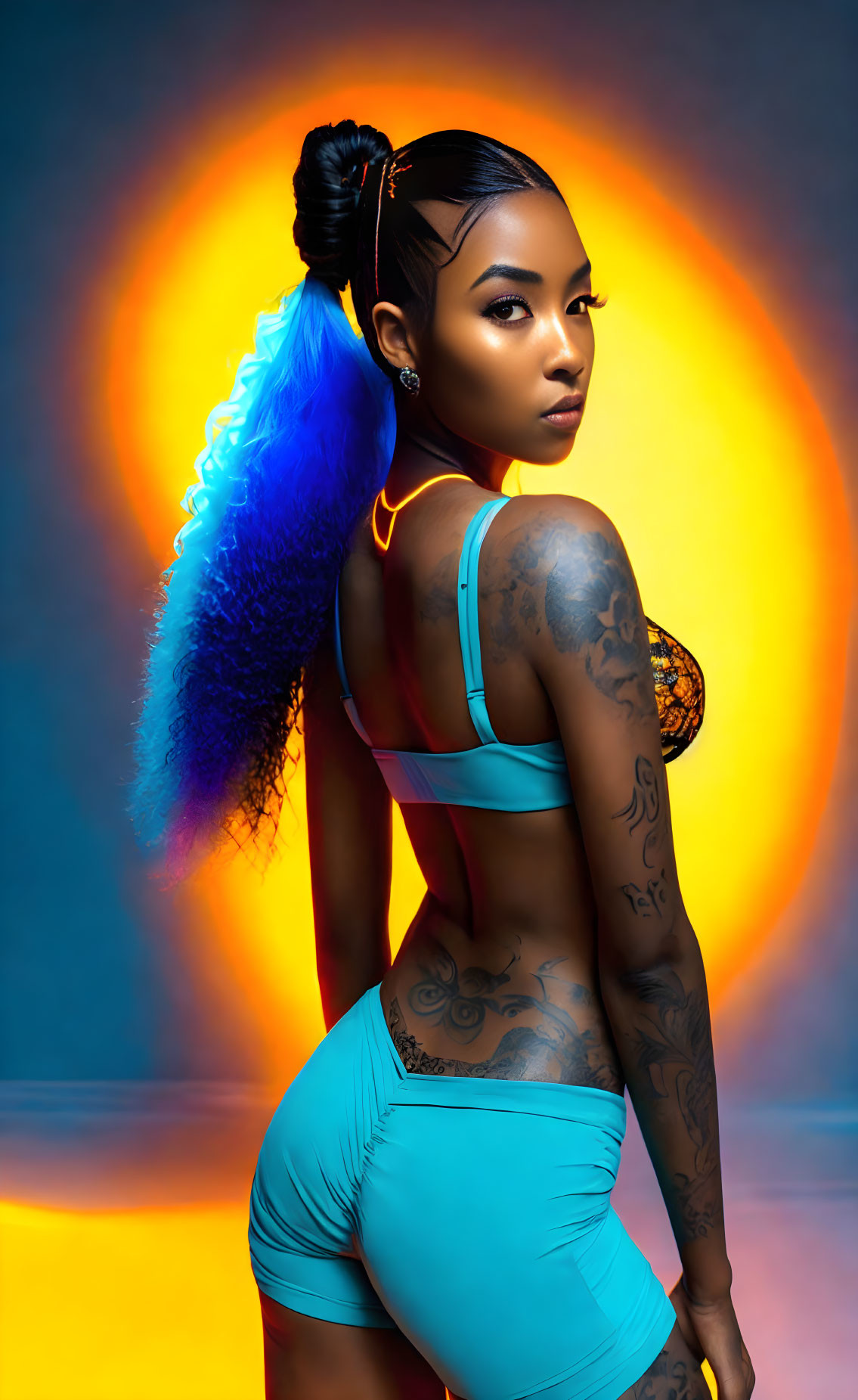 Tattooed woman with blue ombre ponytail in blue outfit on gradient background