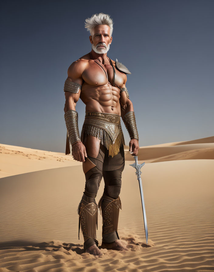 Elderly man in fantasy warrior attire wields sword in desert