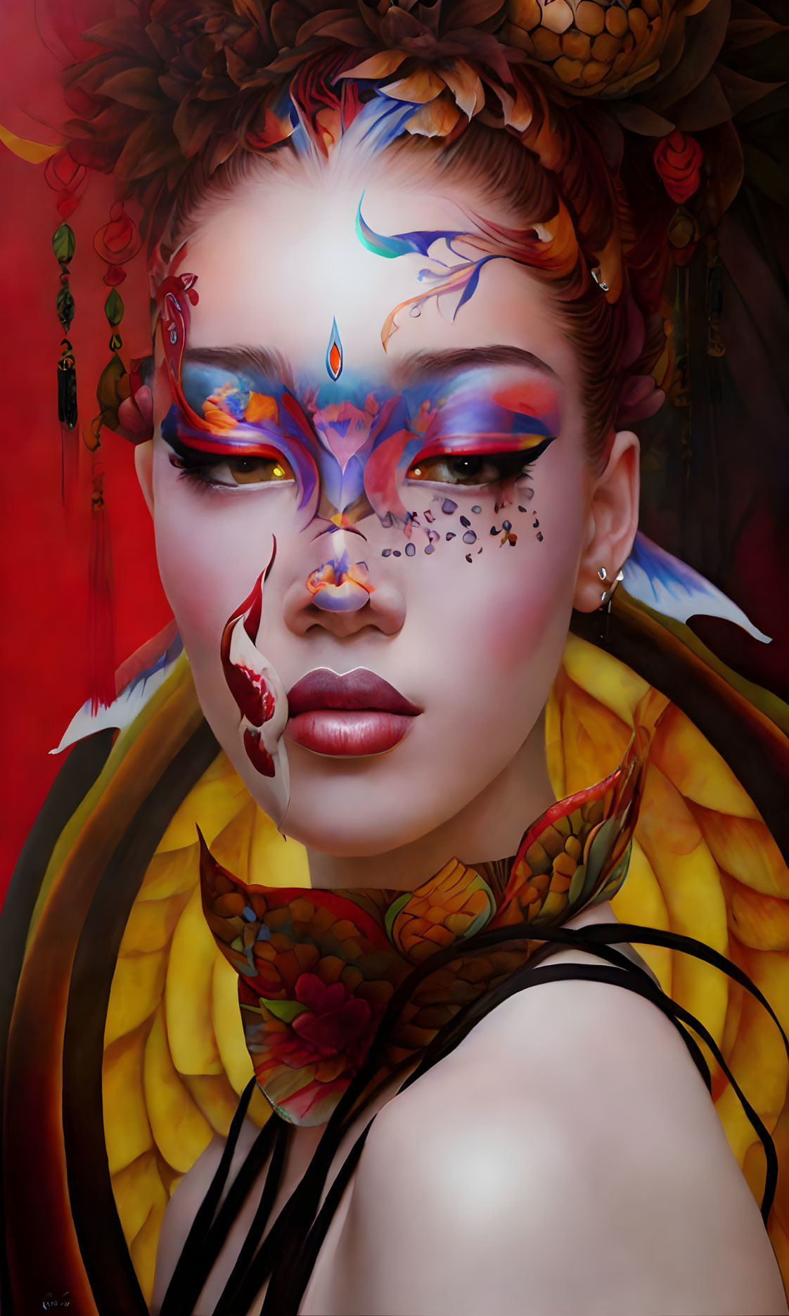 Colorful Butterfly-Inspired Makeup Portrait with Feathers and Florals on Red Background