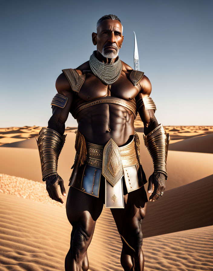 Bearded warrior in desert with armor, skirt, arm bands, and knife