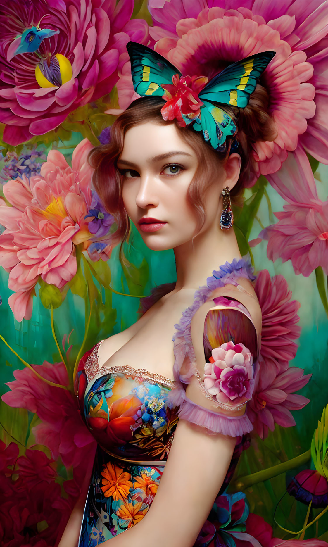 Woman with Butterfly Headpiece Surrounded by Vibrant Flowers and Peony Dress