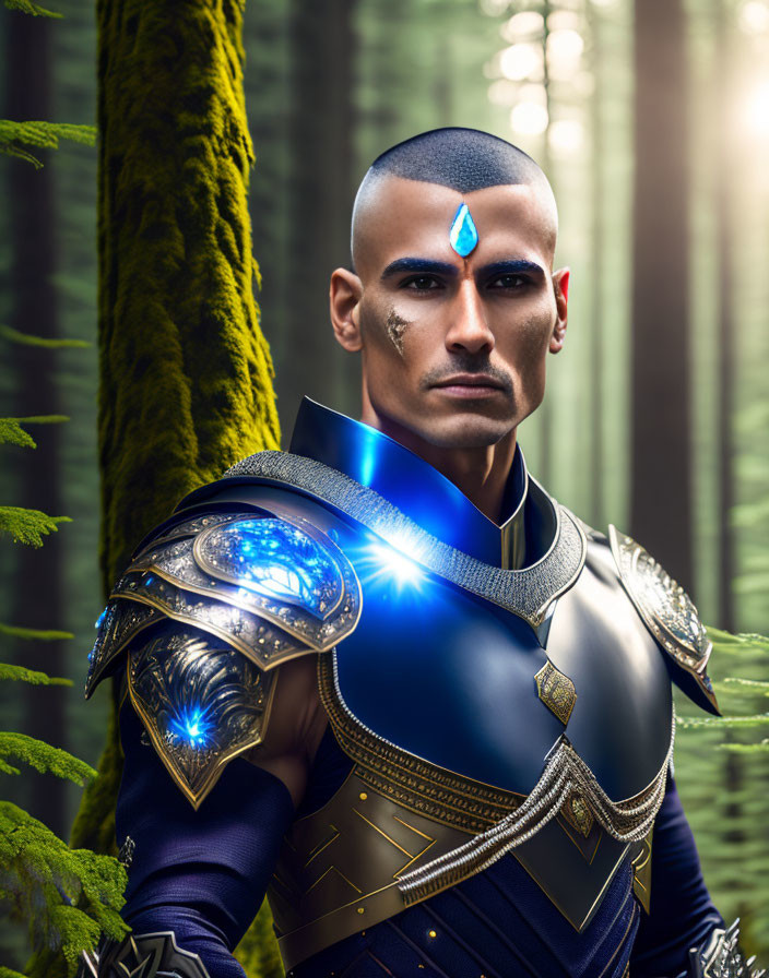 Futuristic man in blue and silver armor in forest with glowing blue chest piece.
