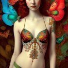 Red-haired woman adorned with butterflies and floral patterns in ornate bikini