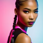 Woman with Striking Makeup and Braided Buns on Blue-Pink Gradient