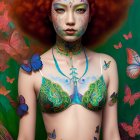 Vibrant red hair woman with fantasy makeup and butterfly-themed attire among colorful butterflies