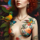 Red-haired woman with butterflies, birds, and floral tattoos on dark background
