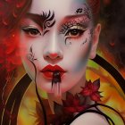 Digital artwork of woman with face tattoos, red hair, flower, fiery backdrop