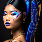Striking Blue Makeup and High Ponytail with Blue Hair Extensions