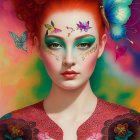 Colorful portrait of woman with high red hair and butterfly makeup on multicolored backdrop