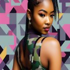Woman with Braided Hair in Camo Strap Dress Against Geometric Background
