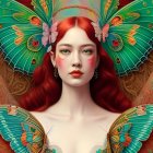 Digital Artwork: Woman with Red Hair, Butterfly Makeup, Wings, Peacocks, and Butter