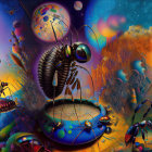 Colorful surreal artwork featuring enlarged insects in a fantasy landscape.