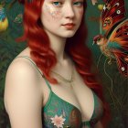 Digital Artwork: Red-Haired Woman with Butterfly Surrounded by Birds and Flowers