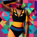 Colorful Geometric Space: Woman in Vibrant Outfit