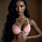 Dark-haired woman in pink lace bra against muted backdrop