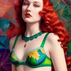 Vibrant woman with red hair and green top against geometric backdrop
