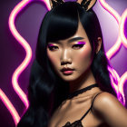 Dark-haired woman with pink eyeshadow and bunny ears in neon-lit 3D illustration