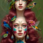 Colorful portrait of woman with red hair and floral/bird makeup designs