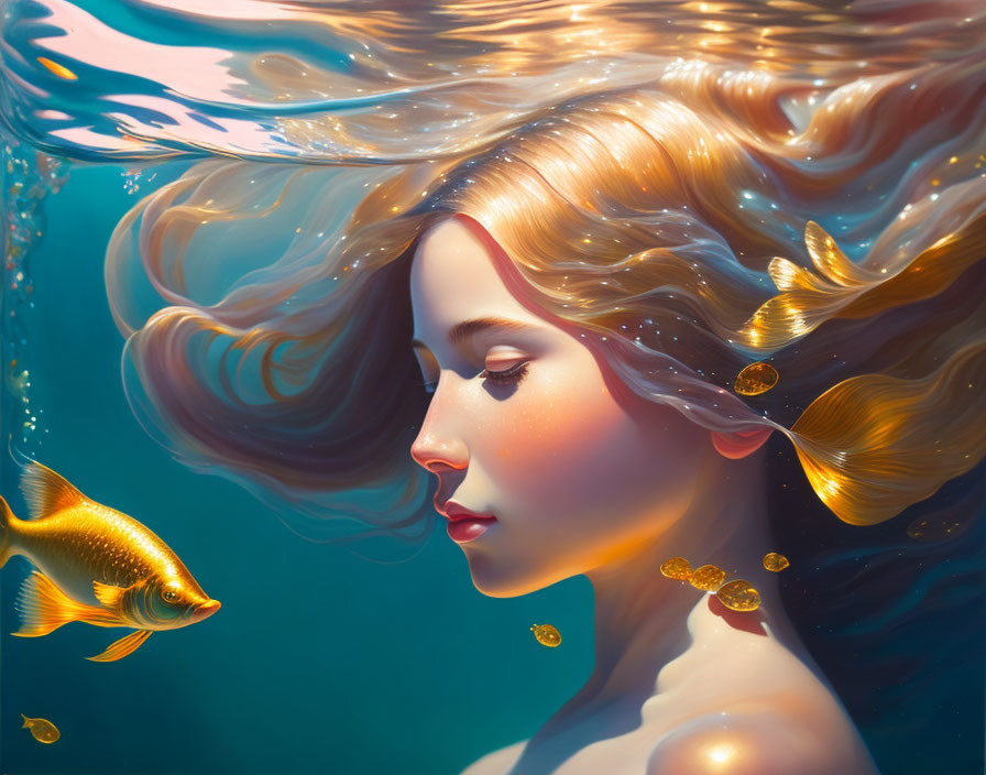 Woman submerged in water with flowing hair and goldfish - Surreal and serene image