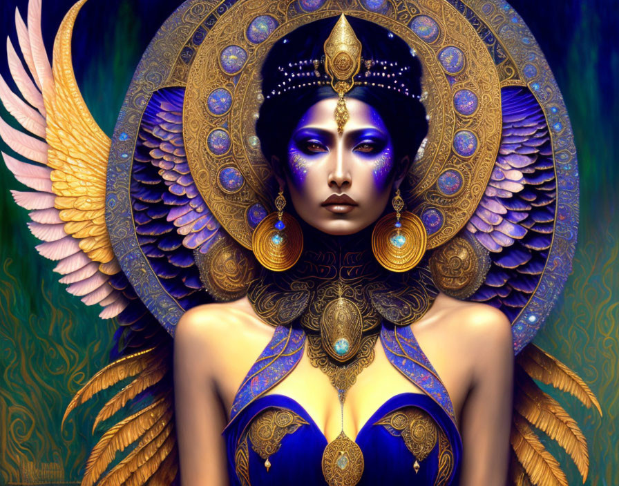 Woman with Golden Wings and Ornate Jewelry in Blue and Gold Tones on Green Background