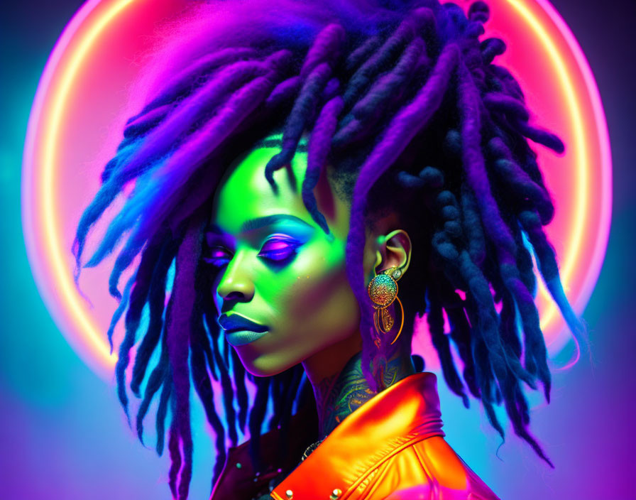 Woman with dreadlocks under neon lights in purple, green, and pink hues