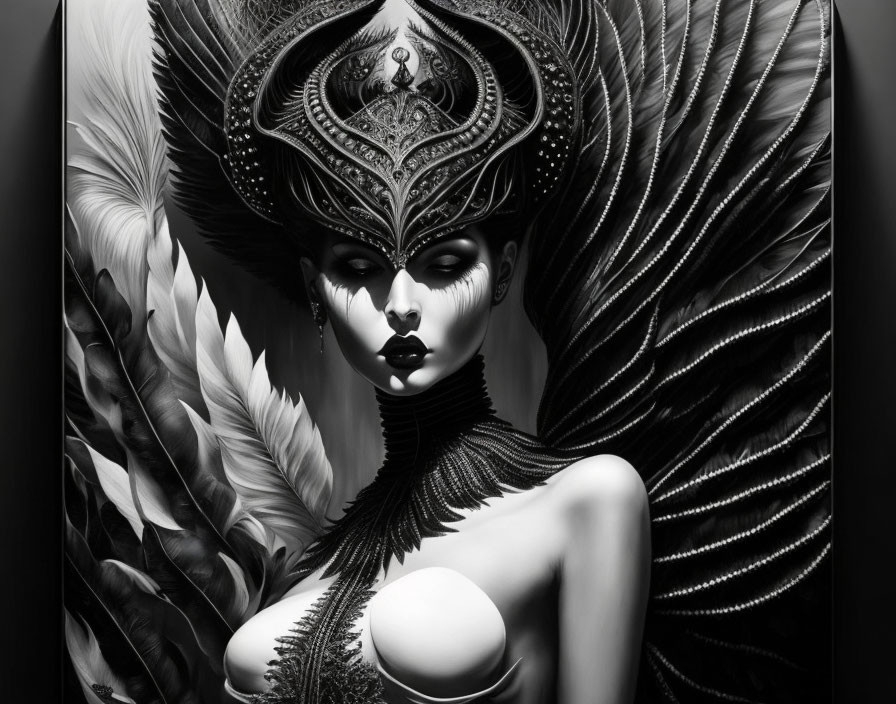 Monochrome Artistic Depiction of Woman with Elaborate Feathered Headdress