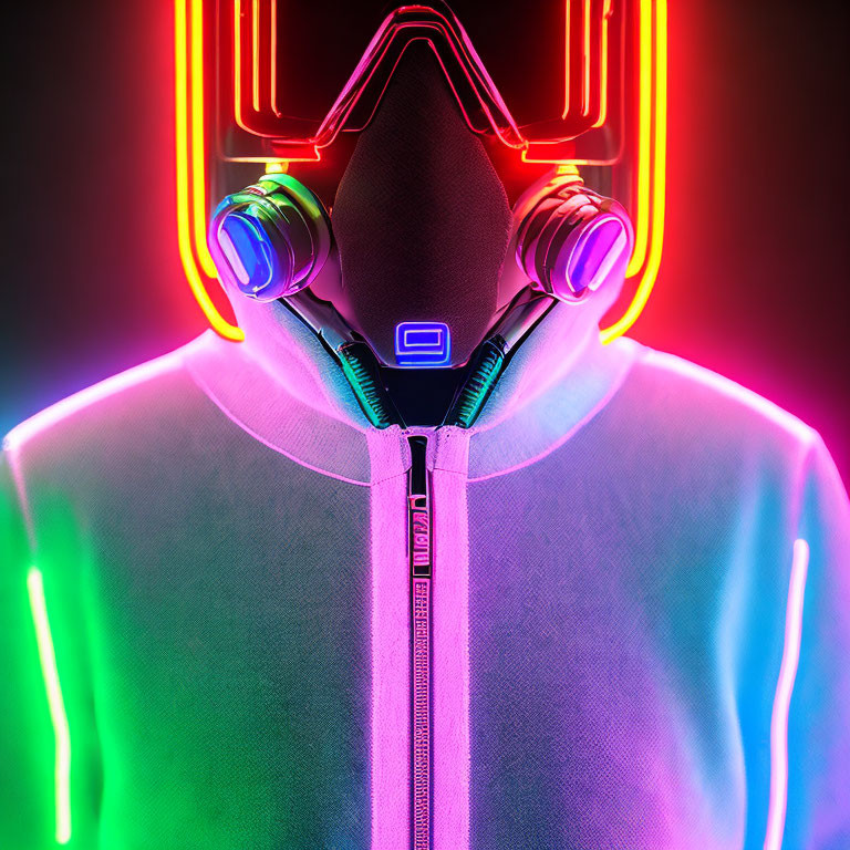 Futuristic helmet and neon lights on person with headphones
