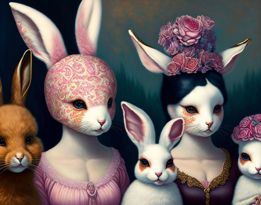 Anthropomorphic rabbits in elegant attire with intricate patterns and a smaller companion.