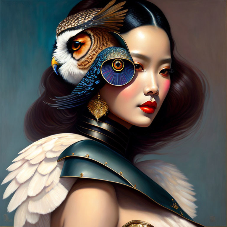 Surreal portrait of woman with owl features
