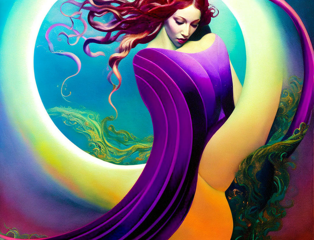 Colorful artwork: Woman with red hair in purple dress on abstract backdrop