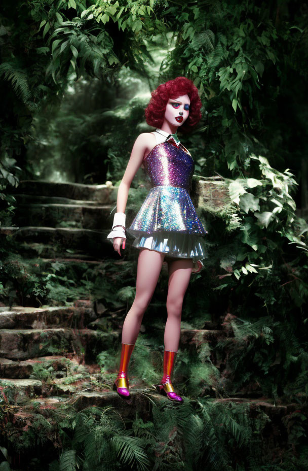 Red-haired person in glam makeup on mossy forest steps in sparkly purple dress