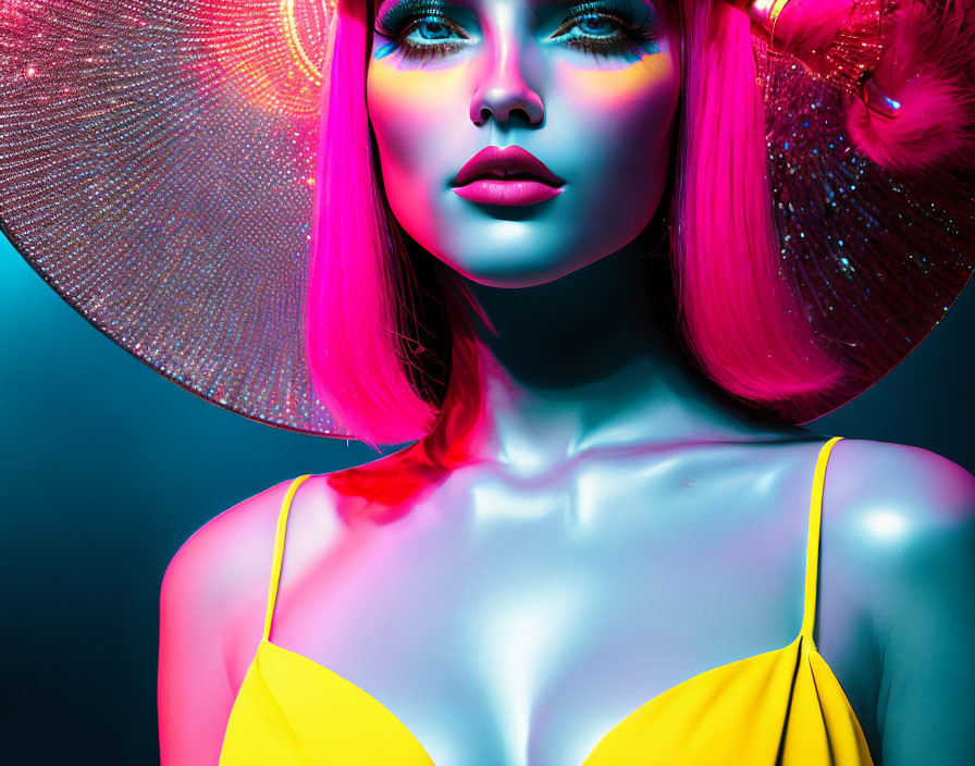 Vibrant pink hair woman with colorful makeup under neon lights wearing yellow top and translucent hat