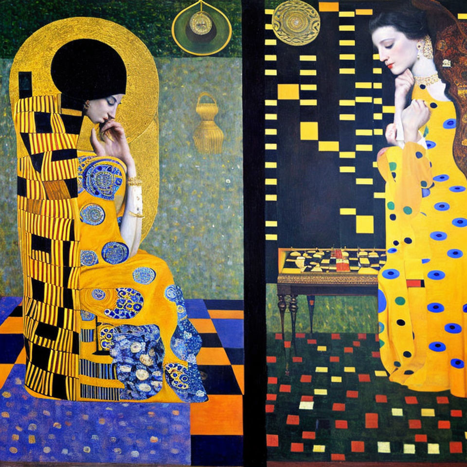 Juxtaposition of Gustav Klimt's style with modern woman in two panels