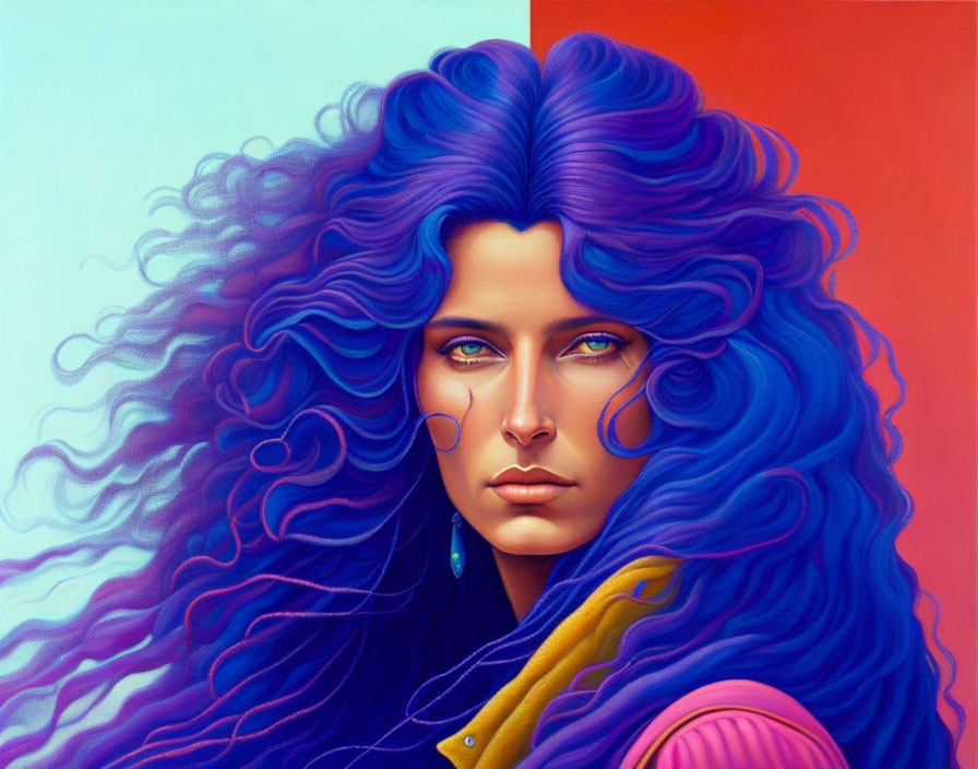 Colorful Illustration of Woman with Blue Hair and Green Eyes