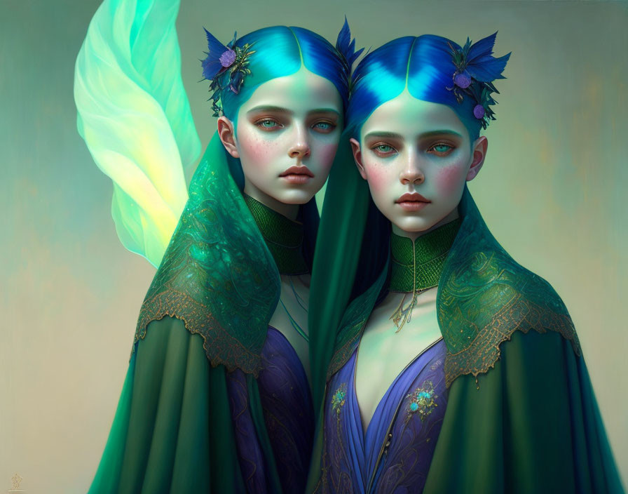 Twin female figures with blue hair in green cloaks and floral adornments