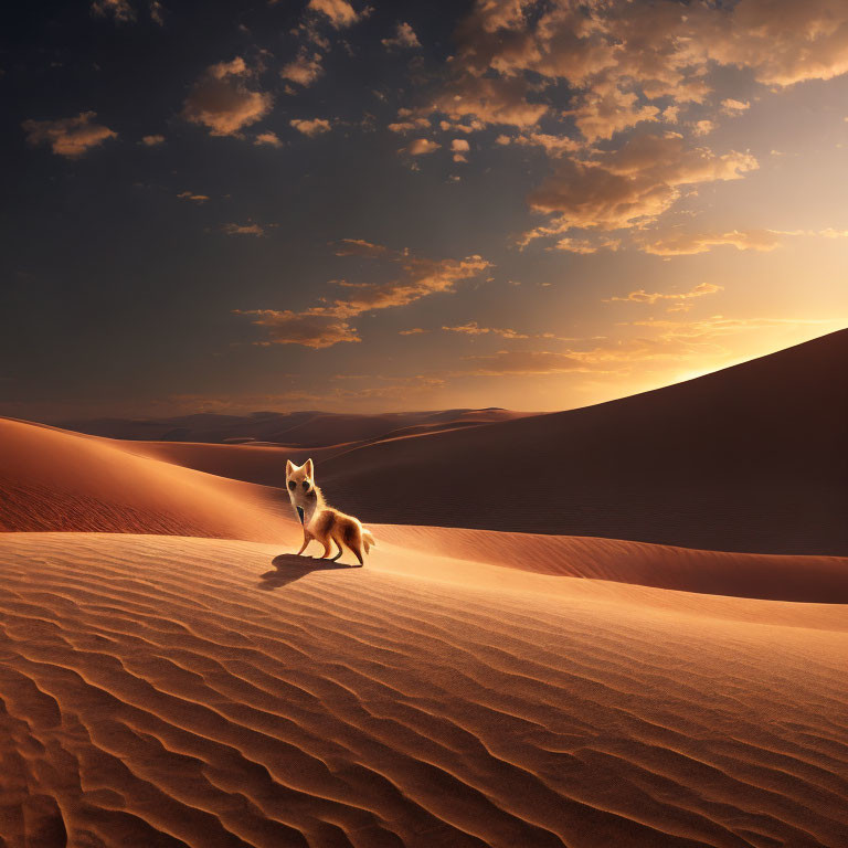 White fox on sand dune under warm sunset sky in desert landscape