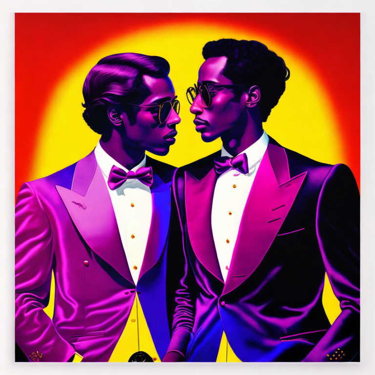 Stylized men in suits with bow ties on vibrant background