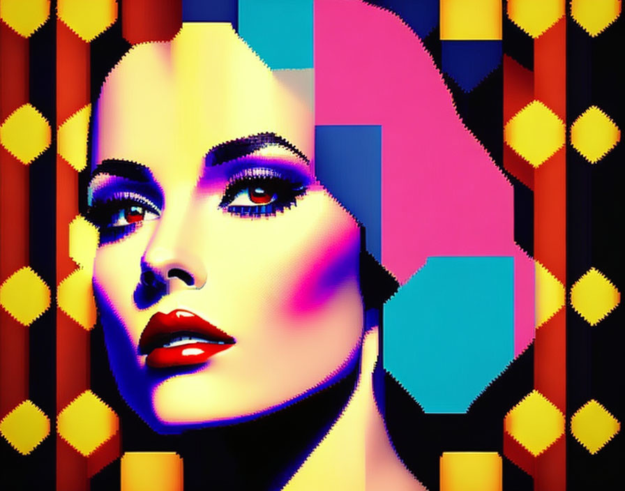 Colorful Pop Art Style Portrait of Woman with Bold Makeup and Geometric Background