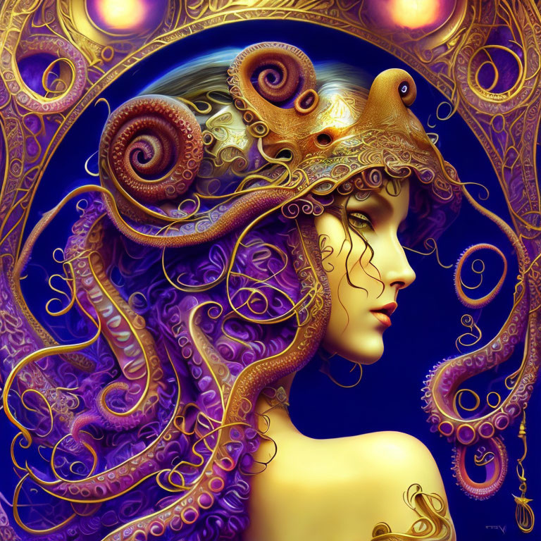 Fantasy octopus-themed headdress on female figure in ornate setting