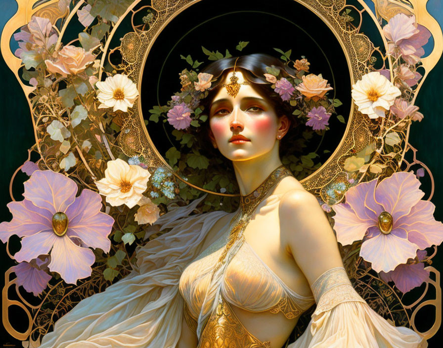 Art Nouveau style illustration of woman with flowers and golden details
