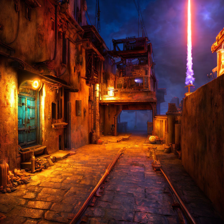 Dimly Lit Alley with Rails, Old Buildings, and Vibrant Light Beam